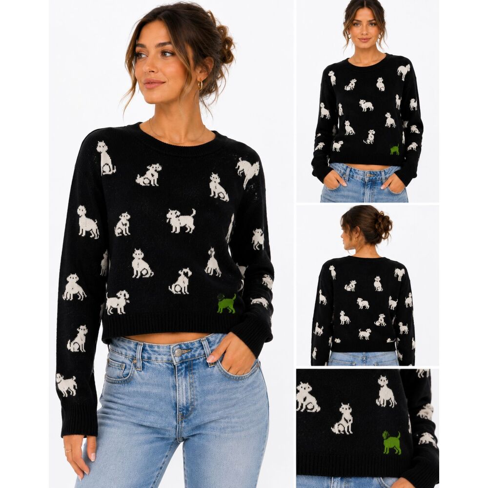 Abercrombie & Fitch Dog Print Sweater M Black Crewneck Novelty Preppy Knit